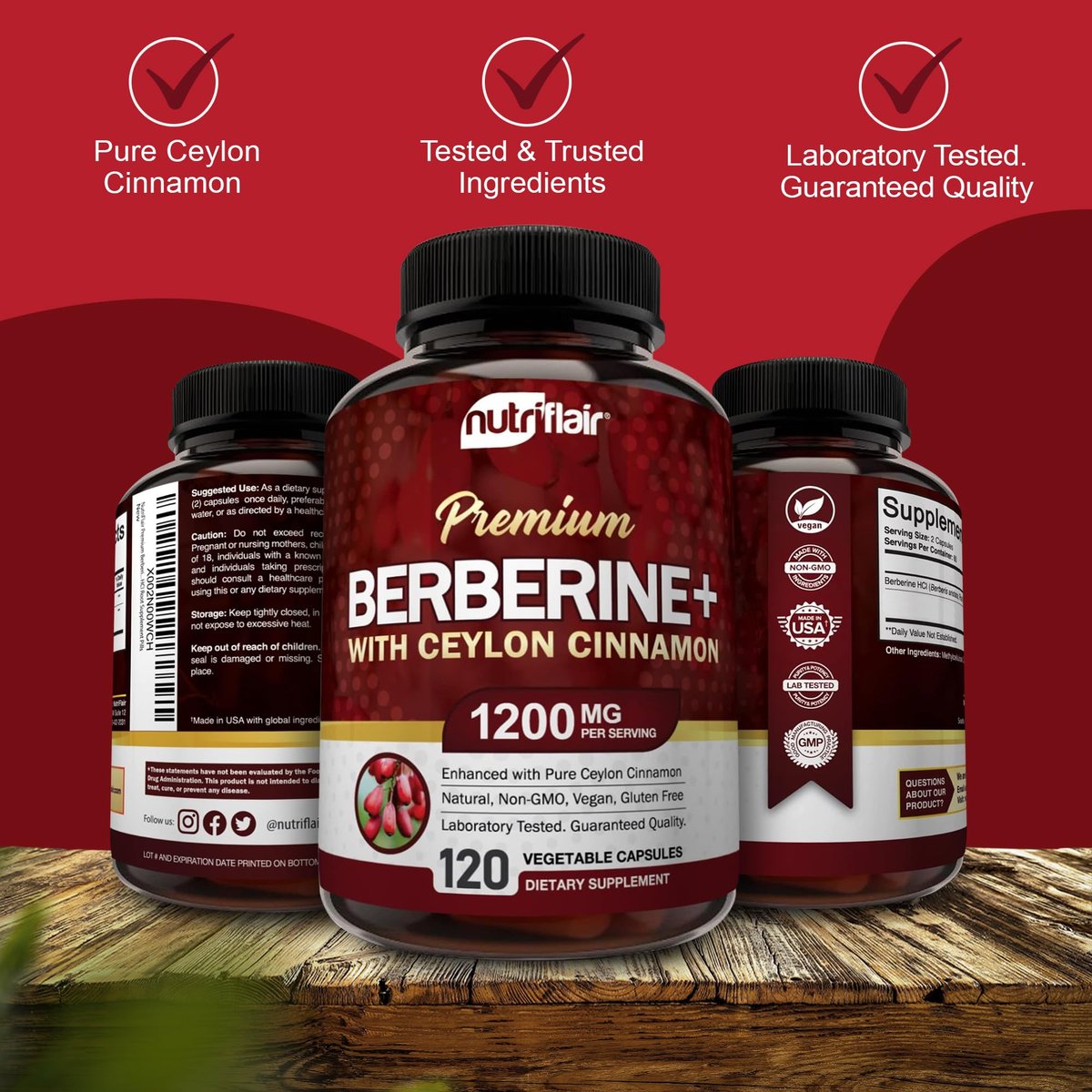 NutriFlair Premium Berberin HCL 1200 mg, 120 Kapseln – Mit reinem Ceylon-Zimt, Berberin-HCI-Wurzel-Nahrungsergänzung – Immunsystem – Hergestellt in den USA