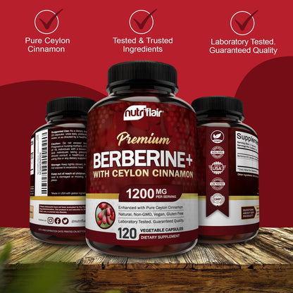 NutriFlair Premium Berberin HCL 1200 mg, 120 Kapseln – Mit reinem Ceylon-Zimt, Berberin-HCI-Wurzel-Nahrungsergänzung – Immunsystem – Hergestellt in den USA