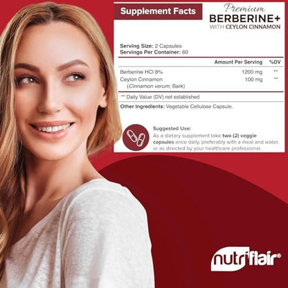 NutriFlair Premium Berberin HCL 1200 mg, 120 Kapseln – Mit reinem Ceylon-Zimt, Berberin-HCI-Wurzel-Nahrungsergänzung – Immunsystem – Hergestellt in den USA