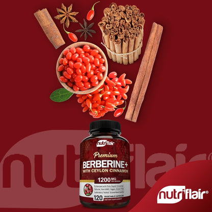 NutriFlair Premium Berberin HCL 1200 mg, 120 Kapseln – Mit reinem Ceylon-Zimt, Berberin-HCI-Wurzel-Nahrungsergänzung – Immunsystem – Hergestellt in den USA