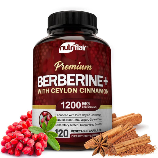 NutriFlair Premium Berberin HCL 1200 mg, 120 Kapseln – Mit reinem Ceylon-Zimt, Berberin-HCI-Wurzel-Nahrungsergänzung – Immunsystem – Hergestellt in den USA