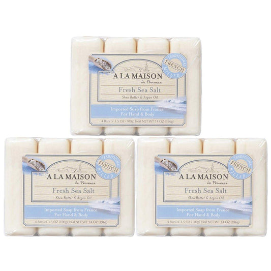 A LA MAISON Frisches Meersalz Seifenstücke - 12er-Pack, 3,5 oz - Natürliche Feuchtigkeitsspendende Handseife aus Frankreich