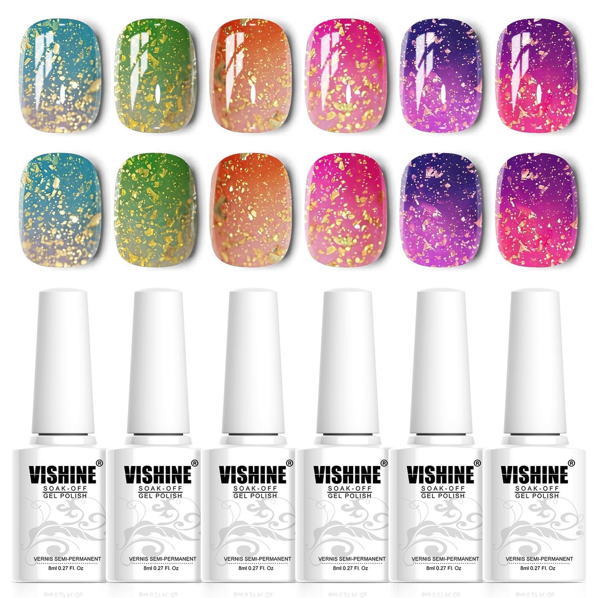 Vishine Stimmungslack Nagellack Gel Set – Temperaturwechselnder Farbwechsel UV LED Varnish Chameleon Gel Nagelkunst 8 ml (Set002)