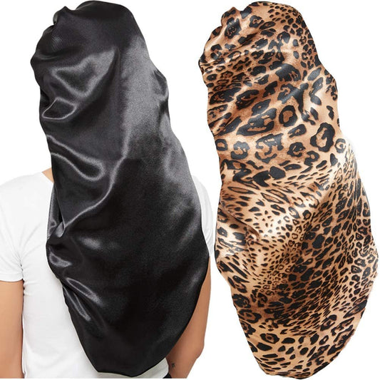 2 Stück Satin Hauben für Frauen, Schwarz Leopardenmuster, weiches elastisches Band, seidige Schlafhaube, große Haube für Zöpfe