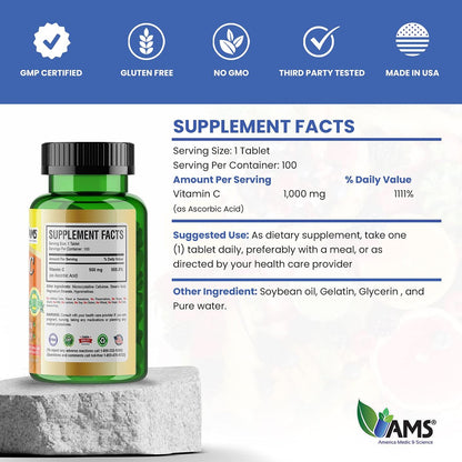 America Medic & Science Rapid-C 500mg Vitamin C Supplement (100 Tabletten) – Energie-Booster, Immunsystem-Unterstützung, Antioxidans | Vegan, Non-GMO, beschichtete Ascorbinsäure für Erwachsene