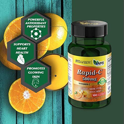 America Medic & Science Rapid-C 500mg Vitamin C Supplement (2er Pack mit 100 Tabletten) – Energie-Booster, tägliche Immununterstützung, Antioxidans | Vegan, Nicht-GMO, beschichtete Ascorbinsäure für Erwachsene Männer & Frauen