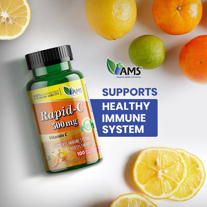 America Medic & Science Rapid-C 500mg Vitamin C Supplement (100 Tabletten) – Energie-Booster, Immunsystem-Unterstützung, Antioxidans | Vegan, Non-GMO, beschichtete Ascorbinsäure für Erwachsene