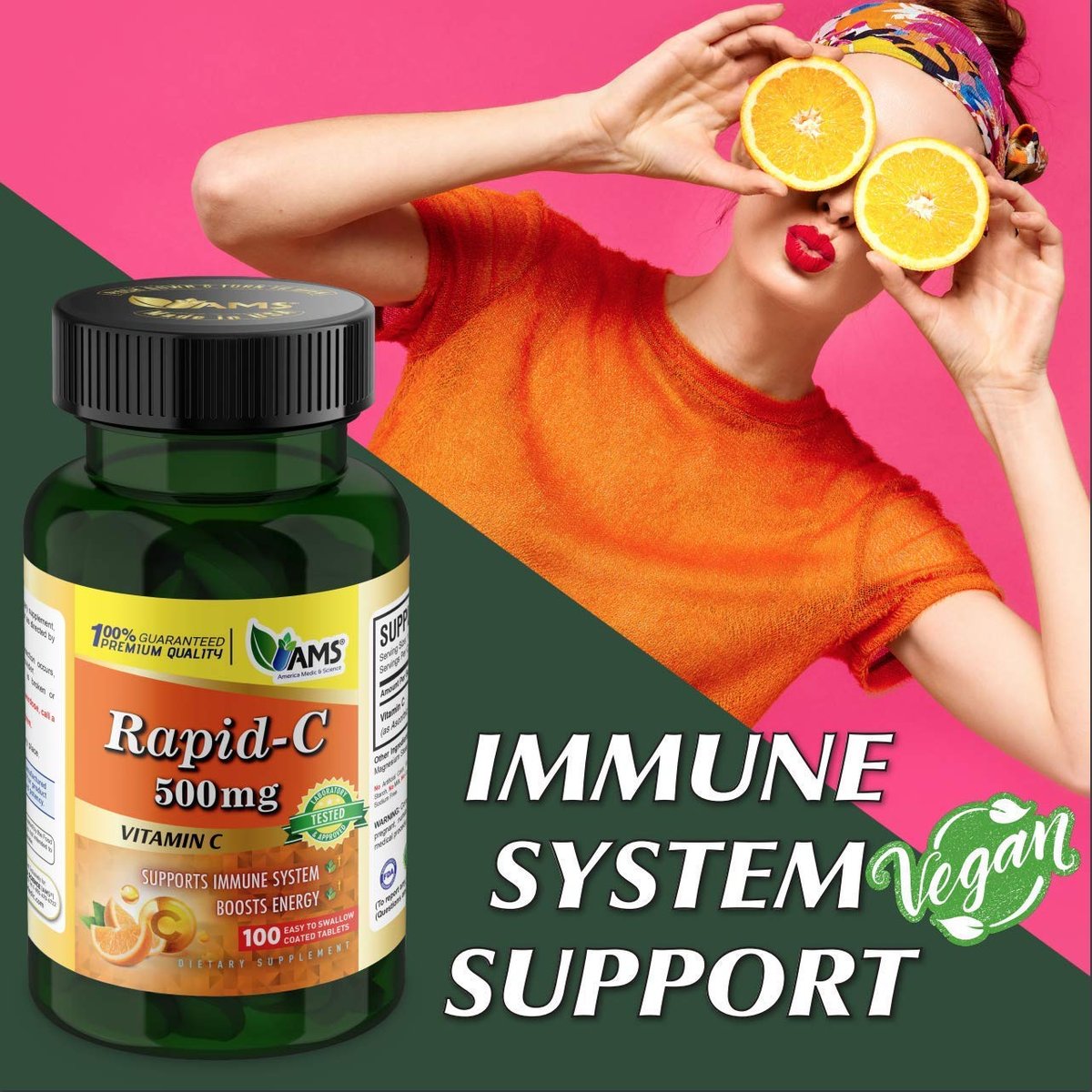 America Medic & Science Rapid-C 500mg Vitamin C Supplement (100 Tabletten) – Energie-Booster, Immunsystem-Unterstützung, Antioxidans | Vegan, Non-GMO, beschichtete Ascorbinsäure für Erwachsene