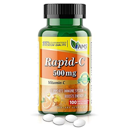 America Medic & Science Rapid-C 500mg Vitamin C Supplement (100 Tabletten) – Energie-Booster, Immunsystem-Unterstützung, Antioxidans | Vegan, Non-GMO, beschichtete Ascorbinsäure für Erwachsene