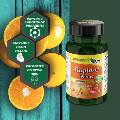 America Medic & Science Rapid-C 500mg Vitamin C Supplement (100 Tabletten) – Energie-Booster, Immunsystem-Unterstützung, Antioxidans | Vegan, Non-GMO, beschichtete Ascorbinsäure für Erwachsene