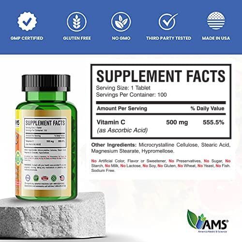 America Medic & Science Rapid-C 500mg Vitamin C Supplement (100 Tabletten) – Energie-Booster, Immunsystem-Unterstützung, Antioxidans | Vegan, Non-GMO, beschichtete Ascorbinsäure für Erwachsene