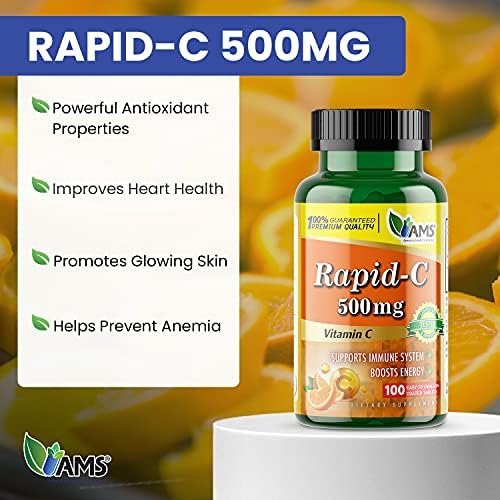 America Medic & Science Rapid-C 500mg Vitamin C Supplement (100 Tabletten) – Energie-Booster, Immunsystem-Unterstützung, Antioxidans | Vegan, Non-GMO, beschichtete Ascorbinsäure für Erwachsene