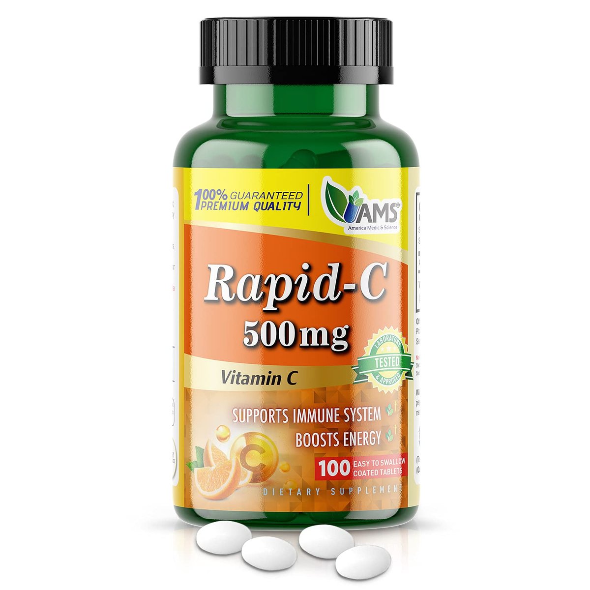 America Medic & Science Rapid-C 500mg Vitamin C Supplement (100 Tabletten) – Energie-Booster, Immunsystem-Unterstützung, Antioxidans | Vegan, Non-GMO, beschichtete Ascorbinsäure für Erwachsene