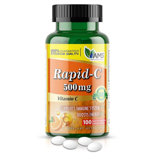 America Medic & Science Rapid-C 500mg Vitamin C Supplement (100 Tabletten) – Energie-Booster, Immunsystem-Unterstützung, Antioxidans | Vegan, Non-GMO, beschichtete Ascorbinsäure für Erwachsene