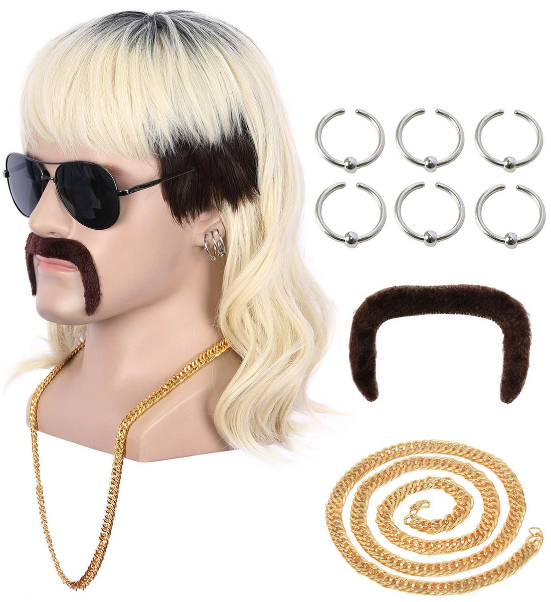 yuehong Lange schwarze Wurzeln Blonde Männerperücke Rockstar Stil Mullet Fashion 70er 80er Perücke mit Schnurrbart Ohrringe Halskette Hitzebeständig Kostümhaar