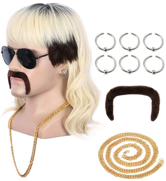 yuehong Lange schwarze Wurzeln Blonde Männerperücke Rockstar Stil Mullet Fashion 70er 80er Perücke mit Schnurrbart Ohrringe Halskette Hitzebeständig Kostümhaar