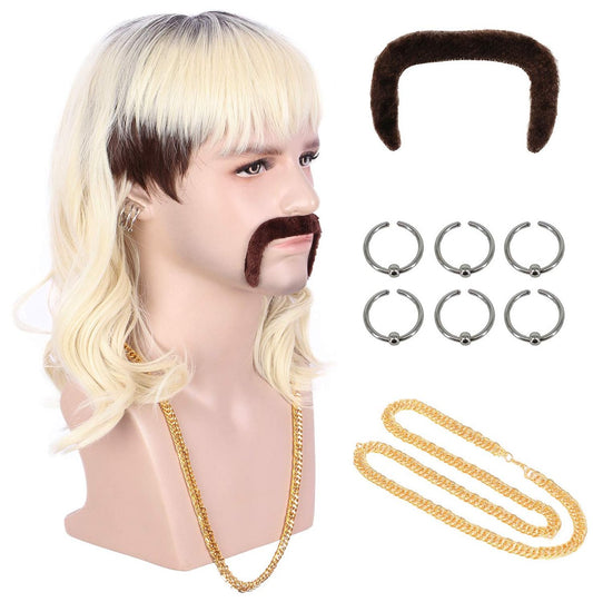 karlery Rocker Mullet Perücke für Erwachsene Männer – 80er Jahre Langwelle Beige Blond mit Brille und goldenem Halskette – Halloween Kostüm Cosplay Wig Set