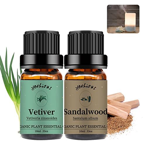 yethious Sandelholz-Vetiver Ätherisches Öl Set 100% Rein Bio Unverdünnt Aromatherapie Öle für Diffuser, Haut, Haare, Parfüm, Seife, Kerzenherstellung 2 x 10 ml