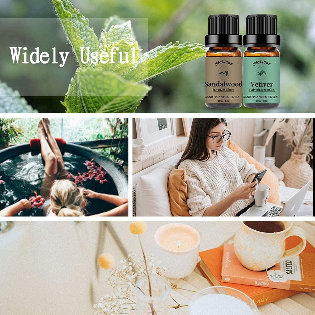 yethious Sandelholz-Vetiver Ätherisches Öl Set 100% Rein Bio Unverdünnt Aromatherapie Öle für Diffuser, Haut, Haare, Parfüm, Seife, Kerzenherstellung 2 x 10 ml