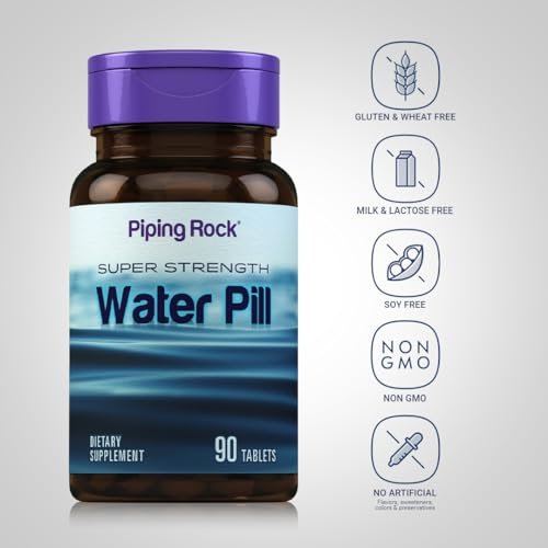 Piping Rock Wasserpille für Männer und Frauen | 90 Tabletten | Super-Stärke Ergänzung mit Kalium | Vegetarisch, Non-GMO, Glutenfrei
