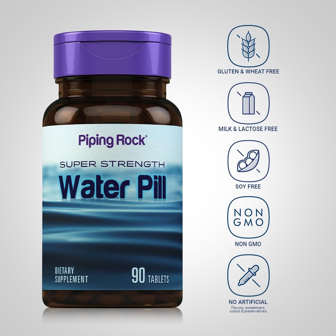 Piping Rock Wasserpille für Männer und Frauen | 90 Tabletten | Super-Stärke Ergänzung mit Kalium | Vegetarisch, Non-GMO, Glutenfrei