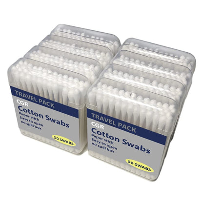 400 Stück CGR Bio-Baumwoll-Wattestäbchen, 100 % Baumwolle, doppelseitig, weiße Papierstiele (kompostierbar), Reiseverpackung (8 Packungen à 50 Stück) - 400