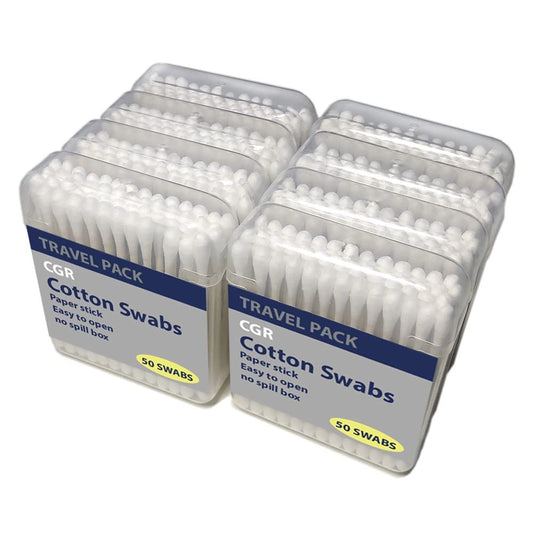 400 Stück CGR Bio-Baumwoll-Wattestäbchen, 100 % Baumwolle, doppelseitig, weiße Papierstiele (kompostierbar), Reiseverpackung (8 Packungen à 50 Stück) - 400