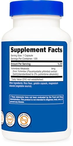Nutricost Yohimbe-Rindenextrakt 450 mg (9 mg Yohimbin-Alkaloide), 120 Kapseln - Extra stark, glutenfrei, nicht gentechnisch verändert