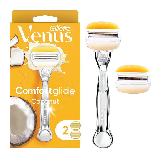 Gillette Venus Comfortglide mit Olay Kokosnuss Damenrasierer Griff + Klingen Nachfüllpackung, Silber, 2 Stück