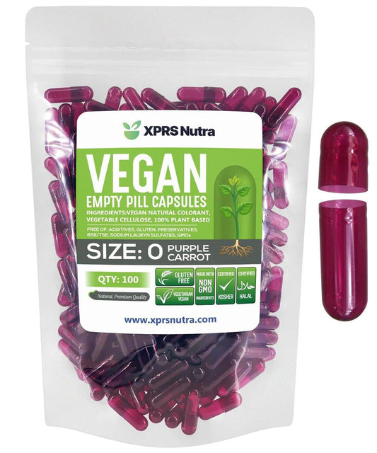 XPRS Nutra Größe 0 Leere Kapseln – 100 Stück vegane Kapseln – Vegetarische Pillen – DIY-Kapselbefüllung – Veggie-Kapseln für selbstgemachte Nahrungsergänzungsmittel (Lila Karotte)