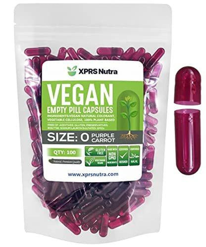 XPRS Nutra Größe 0 Leere Kapseln – 100 Stück vegane Kapseln – Vegetarische Pillen – DIY-Kapselbefüllung – Veggie-Kapseln für selbstgemachte Nahrungsergänzungsmittel (Lila Karotte)