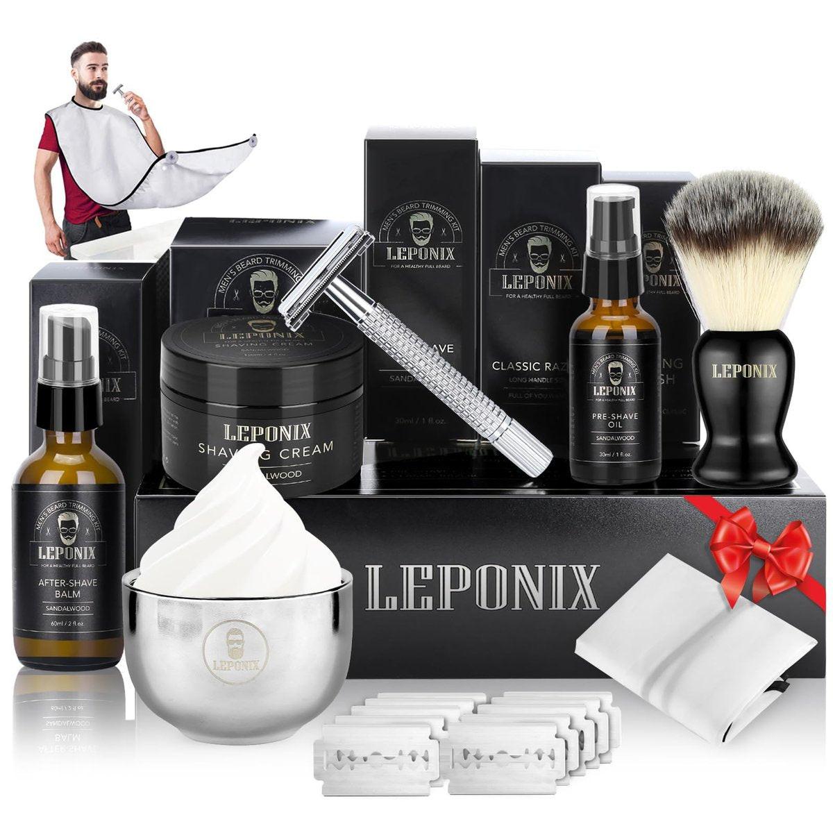 LEPONIX Rasier-Set für Männer – 17-teiliges Luxus-Geschenkset mit Sicherheitsrasierer, Sandelholz-Rasiercreme, Aftershave, Pre-Shave-Öl, Pinsel, Schüssel & Schürze – Perfektes Geschenk für Ihn, Ehemann, Papa