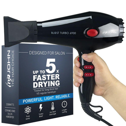 JOHN Professioneller Haartrockner, Schnell trocknend Leistungsstark 2200W, Ionen-Technologie für schonendes Styling, Blast Turbo 6900, Schwarz