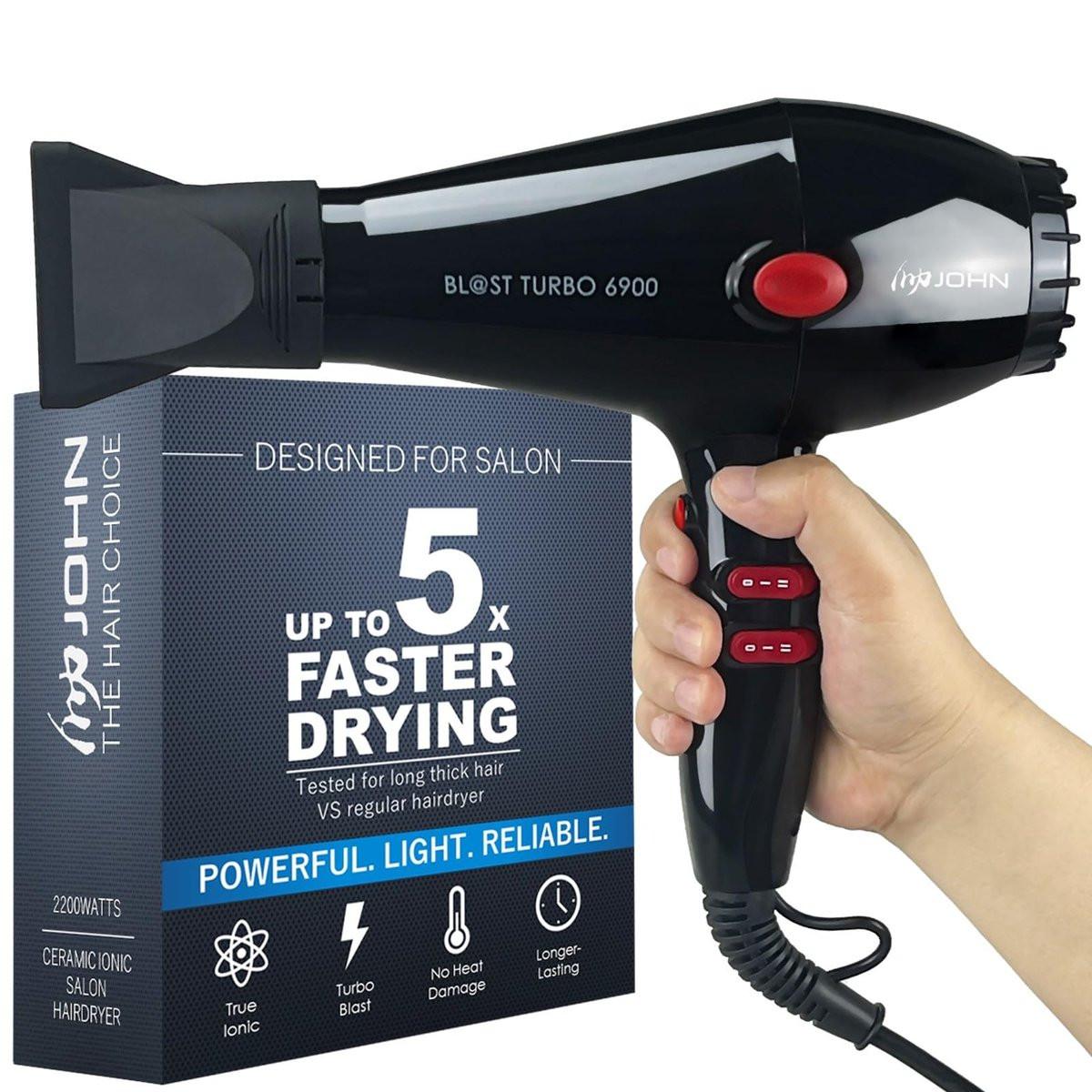 JOHN Professioneller Haartrockner, Schnell trocknend Leistungsstark 2200W, Ionen-Technologie für schonendes Styling, Blast Turbo 6900, Schwarz