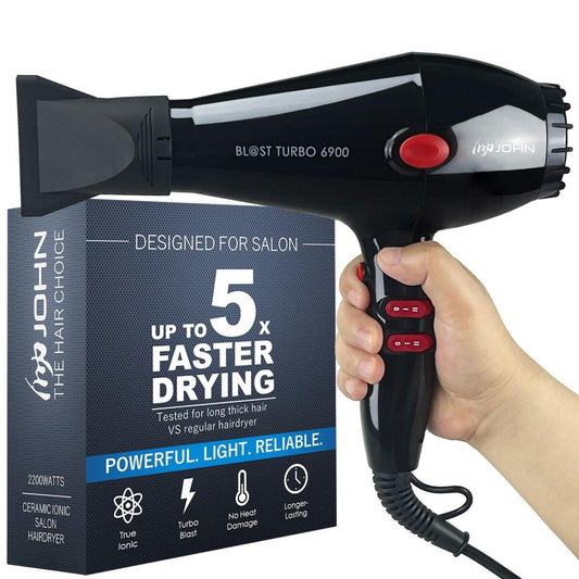 JOHN Professioneller Haartrockner, Schnell trocknend Leistungsstark 2200W, Ionen-Technologie für schonendes Styling, Blast Turbo 6900, Schwarz