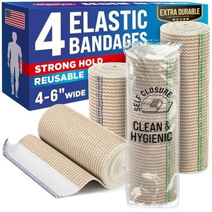 Elastische Binden 4er-Pack (2x6 Zoll, 2x4 Zoll) – Starke Kompression, Selbstschließend, Wiederverwendbar – für Beine, Knie, Rücken, Bauch, Lymphödem, Tummy Wrap – für Erste-Hilfe-Set & nach Operationen