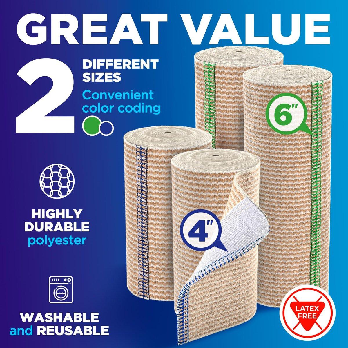 Elastische Binden 4er-Pack (2x6 Zoll, 2x4 Zoll) – Starke Kompression, Selbstschließend, Wiederverwendbar – für Beine, Knie, Rücken, Bauch, Lymphödem, Tummy Wrap – für Erste-Hilfe-Set & nach Operationen