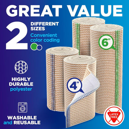 Elastische Binden 4er-Pack (2x6 Zoll, 2x4 Zoll) – Starke Kompression, Selbstschließend, Wiederverwendbar – für Beine, Knie, Rücken, Bauch, Lymphödem, Tummy Wrap – für Erste-Hilfe-Set & nach Operationen