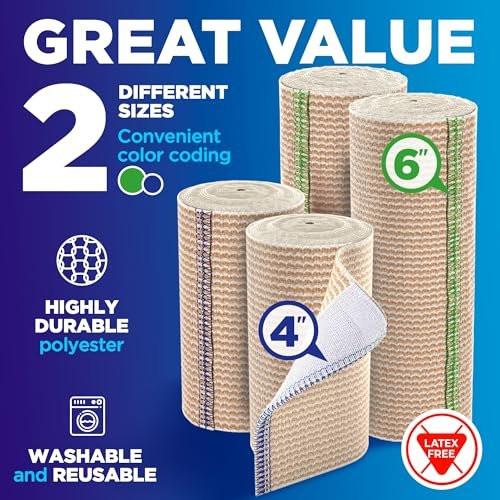 Elastische Binden 4er-Pack (2x6 Zoll, 2x4 Zoll) – Starke Kompression, Selbstschließend, Wiederverwendbar – für Beine, Knie, Rücken, Bauch, Lymphödem, Tummy Wrap – für Erste-Hilfe-Set & nach Operationen