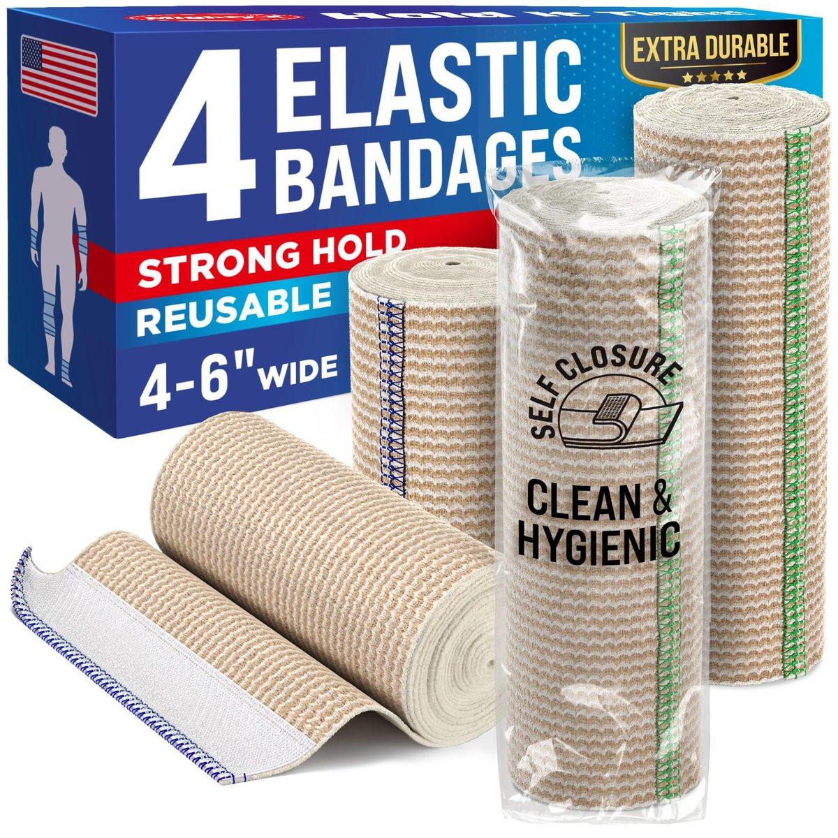 Elastische Binden 4er-Pack (2x6 Zoll, 2x4 Zoll) – Starke Kompression, Selbstschließend, Wiederverwendbar – für Beine, Knie, Rücken, Bauch, Lymphödem, Tummy Wrap – für Erste-Hilfe-Set & nach Operationen
