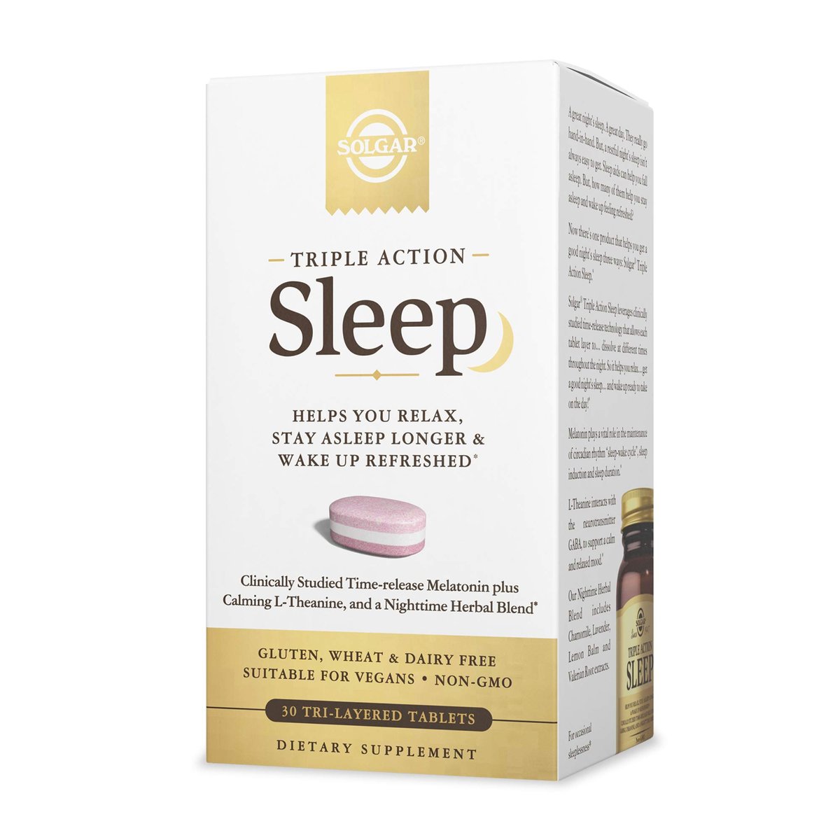 Solgar Triple Action Sleep 30 Tri-Layer Tabletten - Zeitverzögerte Freisetzung von Melatonin & L-Theanin plus Kräutermischung - Hilft beim Entspannen, schnellen Einschlafen und längerem Durchschlafen - Non-GMO, glutenfrei - 30 Portionen