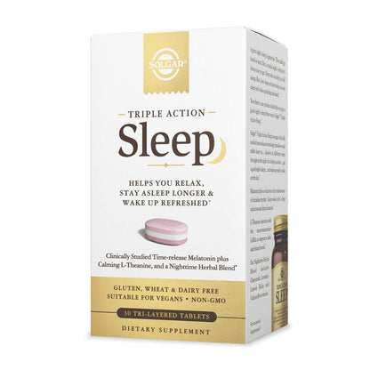Solgar Triple Action Sleep 30 Tri-Layer Tabletten - Zeitverzögerte Freisetzung von Melatonin & L-Theanin plus Kräutermischung - Hilft beim Entspannen, schnellen Einschlafen und längerem Durchschlafen - Non-GMO, glutenfrei - 30 Portionen