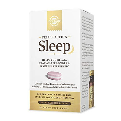 Solgar Triple Action Sleep 30 Tri-Layer Tabletten - Zeitverzögerte Freisetzung von Melatonin & L-Theanin plus Kräutermischung - Hilft beim Entspannen, schnellen Einschlafen und längerem Durchschlafen - Non-GMO, glutenfrei - 30 Portionen