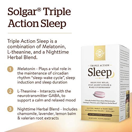 Solgar Triple Action Sleep 30 Tri-Layer Tabletten - Zeitverzögerte Freisetzung von Melatonin & L-Theanin plus Kräutermischung - Hilft beim Entspannen, schnellen Einschlafen und längerem Durchschlafen - Non-GMO, glutenfrei - 30 Portionen