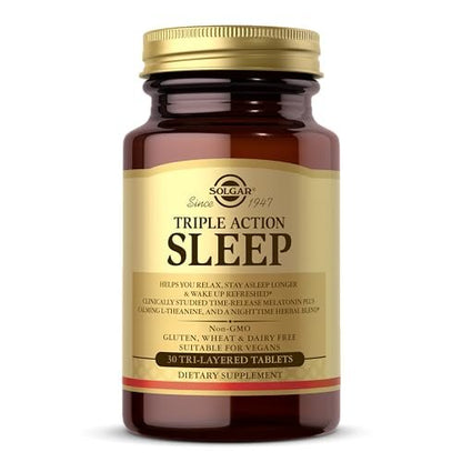 Solgar Triple Action Sleep 30 Tri-Layer Tabletten - Zeitverzögerte Freisetzung von Melatonin & L-Theanin plus Kräutermischung - Hilft beim Entspannen, schnellen Einschlafen und längerem Durchschlafen - Non-GMO, glutenfrei - 30 Portionen