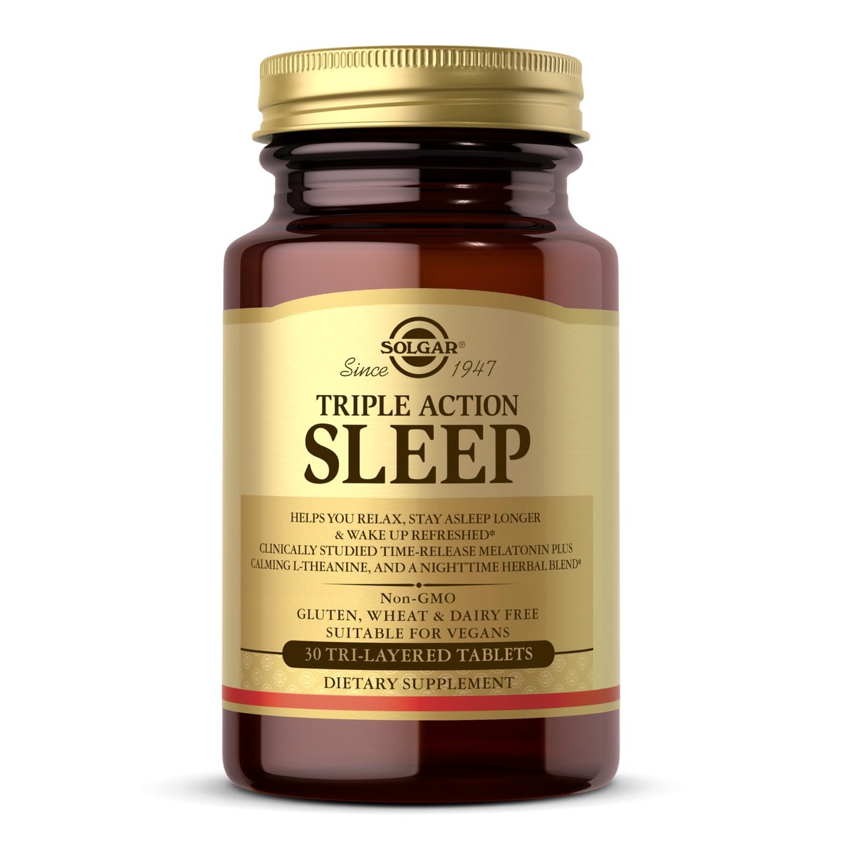 Solgar Triple Action Sleep 30 Tri-Layer Tabletten - Zeitverzögerte Freisetzung von Melatonin & L-Theanin plus Kräutermischung - Hilft beim Entspannen, schnellen Einschlafen und längerem Durchschlafen - Non-GMO, glutenfrei - 30 Portionen