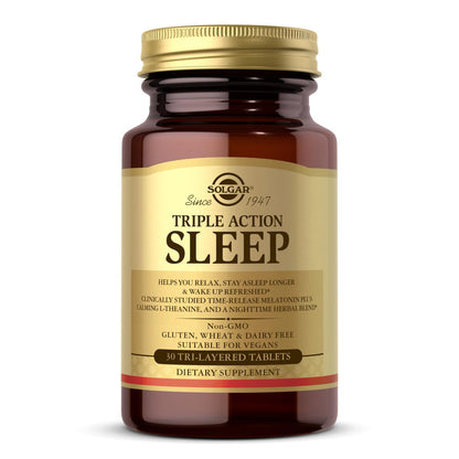 Solgar Triple Action Sleep 30 Tri-Layer Tabletten - Zeitverzögerte Freisetzung von Melatonin & L-Theanin plus Kräutermischung - Hilft beim Entspannen, schnellen Einschlafen und längerem Durchschlafen - Non-GMO, glutenfrei - 30 Portionen