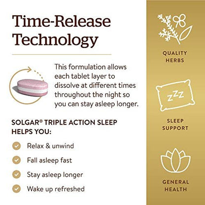 Solgar Triple Action Sleep 30 Tri-Layer Tabletten - Zeitverzögerte Freisetzung von Melatonin & L-Theanin plus Kräutermischung - Hilft beim Entspannen, schnellen Einschlafen und längerem Durchschlafen - Non-GMO, glutenfrei - 30 Portionen