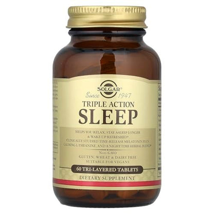 Solgar Triple Action Sleep 60 Tri-Layer Tabletten - Zeitverzögerte Freisetzung von Melatonin & L-Theanin mit Kräutermischung - Hilft beim Entspannen, schnellen Einschlafen und Durchschlafen - Non-GMO, Glutenfrei - 60 Portionen