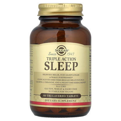 Solgar Triple Action Sleep 60 Tri-Layer Tabletten - Zeitverzögerte Freisetzung von Melatonin & L-Theanin mit Kräutermischung - Hilft beim Entspannen, schnellen Einschlafen und Durchschlafen - Non-GMO, Glutenfrei - 60 Portionen